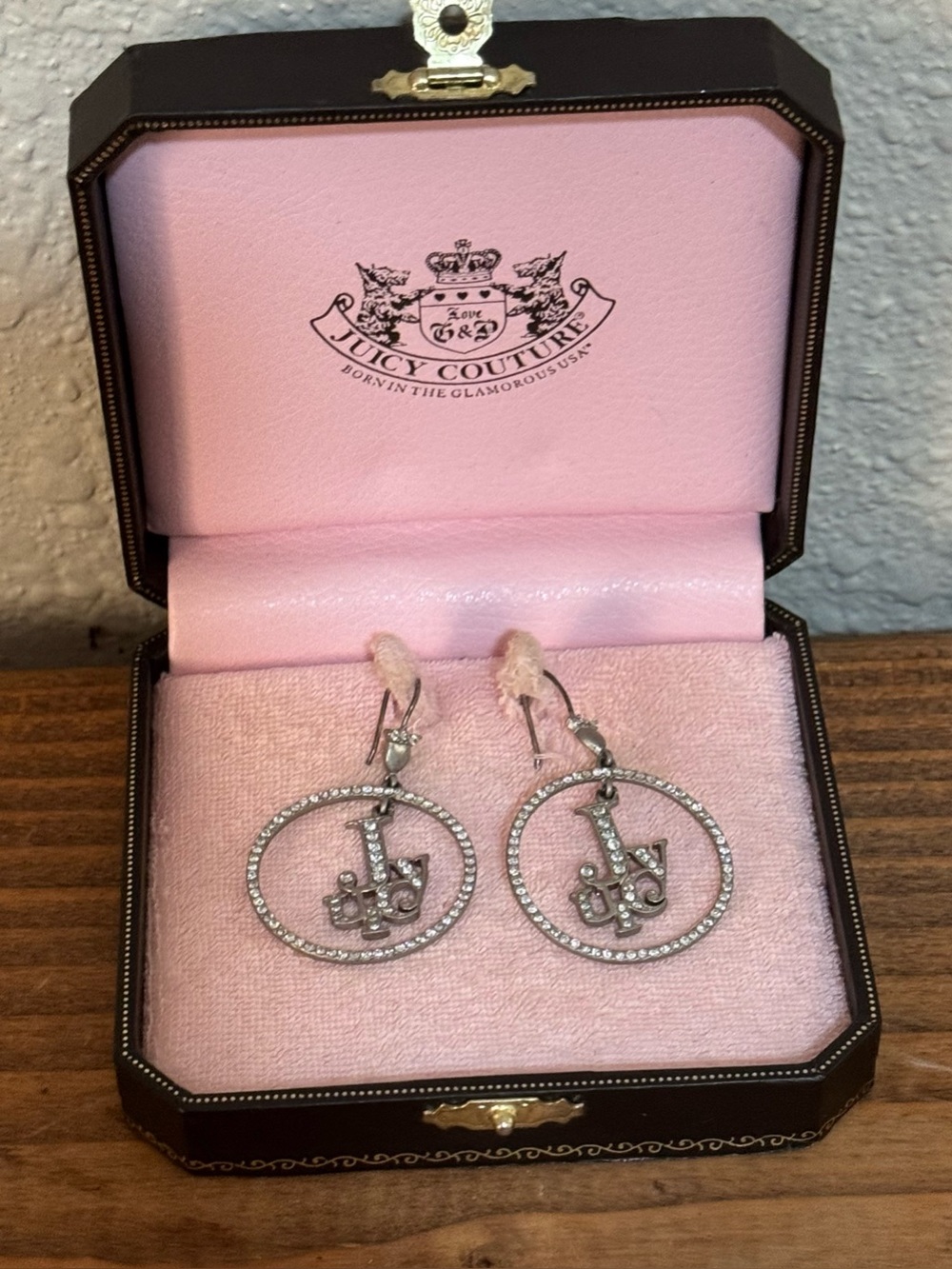 Vintage Y2K Juicy Spell Out Bling Hoop Earrings w/Box